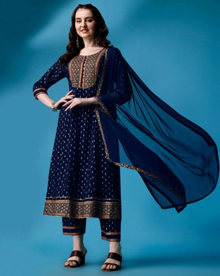 QUEENSFAB Printed Anarkali Kurta, Bottom & Dupatta Set