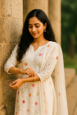 Orange Paper Embroidered Kurta, Palazzo & Dupatta Set
