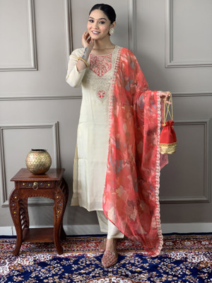 Sangariya Embroidered Kurta, Trouser/Pant & Dupatta Set