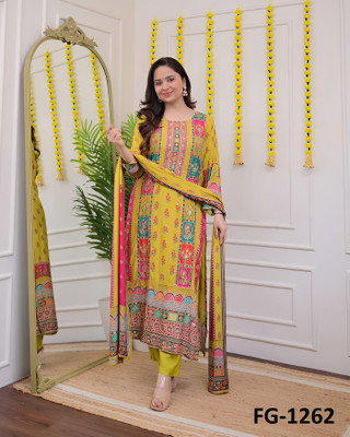 Krishna Apparels Floral Print, Embroidered, Self Design, Chevron/Zig Zag Kurta, Trouser/Pant & Dupatta Set