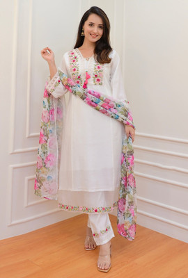 Trendmalls Embroidered Kurta, Palazzo & Dupatta Set
