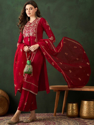 Sangria Embroidered Kurta, Trouser/Pant & Dupatta Set