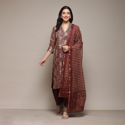 BIBA Printed, Embellished Kurta, Palazzo & Dupatta Set