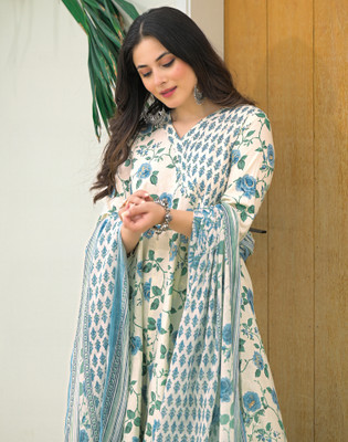 Tasrika Floral Print Anarkali Kurta, Bottom & Dupatta Set