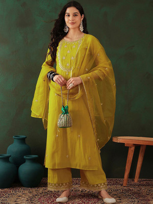 Sangria Embroidered Kurta, Palazzo & Dupatta Set