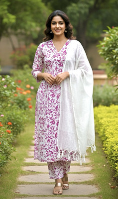 RICF ROYALS INDIA FASHION COLLECTION Floral Print, Printed, Solid Kurta, Trouser/Pant & Dupatta Set