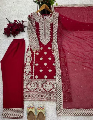 Aksharam Embroidered Kurta, Palazzo & Dupatta Set