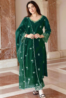 FANCIFLAIR Embroidered Anarkali Kurta, Bottom & Dupatta Set