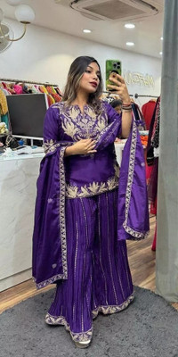 Sundarfashion Embroidered, Embellished Kurta, Sharara & Dupatta Set
