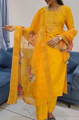 HOC's Printed, Embroidered Kurta, Palazzo & Dupatta Set