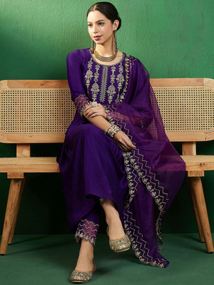 Sangria Solid Anarkali Kurta, Bottom & Dupatta Set
