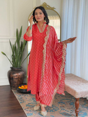 Om Vishwakarma Enterprise Embroidered Kurta, Trouser/Pant & Dupatta Set