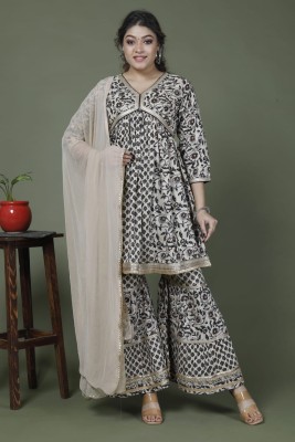 Kasak Floral Print Kurta, Sharara & Dupatta Set