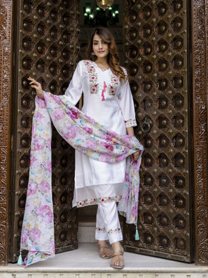 Trendmalls Embroidered Kurta, Palazzo & Dupatta Set
