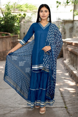 JAIPUR HAND BLOCK Printed Kurta, Sharara & Dupatta Set