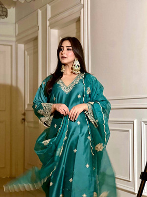 Royal Export Embroidered Kurta, Palazzo & Dupatta Set