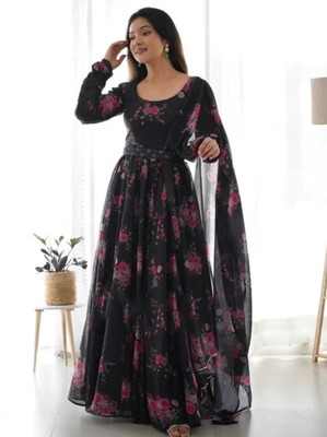mitvafashion Women Floral Print Anarkali Kurta(Black)