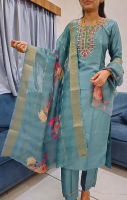 HOUSE OF COMMON Embroidered Anarkali Kurta, Bottom & Dupatta Set