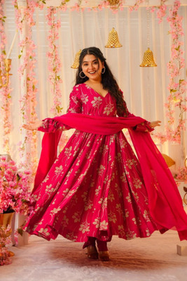 HB VENTURE Printed Anarkali Kurta, Bottom & Dupatta Set