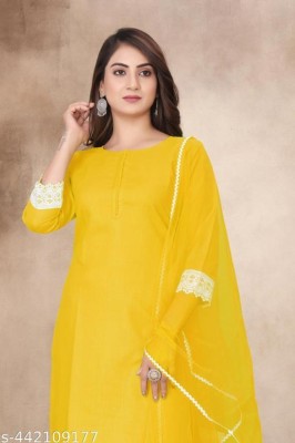 rudraCreation Women Self Design A-line Kurta(Yellow)