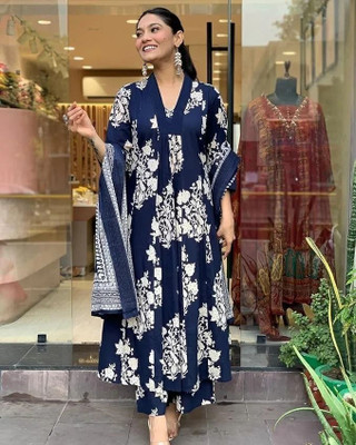 Burundi Blu Printed Kurta, Palazzo & Dupatta Set