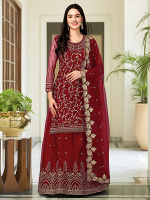 Trendmalls Embroidered Kurta, Sharara & Dupatta Set