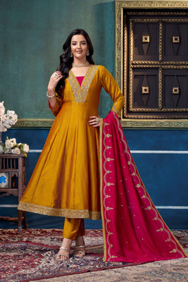 P Three Pluse Embroidered Anarkali Kurta, Bottom & Dupatta Set