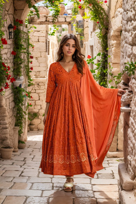 ESTELA Embroidered Anarkali Kurta, Bottom & Dupatta Set