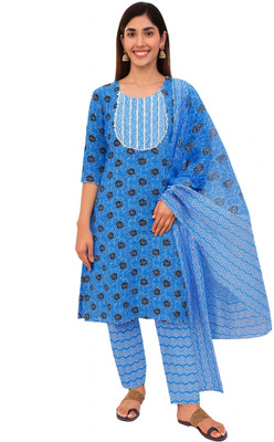 Orange Paper Printed Kurta, Trouser/Pant & Dupatta Set