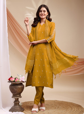 ARADHNA Embroidered Kurta, Churidar & Dupatta Set