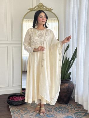OMICRON FAB Embroidered Kurta, Palazzo & Dupatta Set