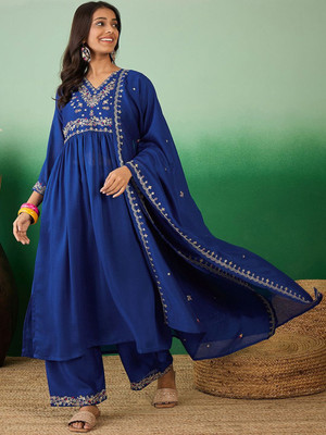 Sangria Embroidered Kurta, Palazzo & Dupatta Set