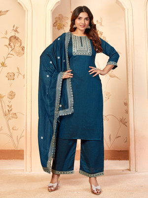 Clothic Creation Embroidered Kurta, Palazzo & Dupatta Set