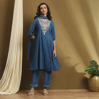BIBA Embroidered Kurta, Palazzo & Dupatta Set