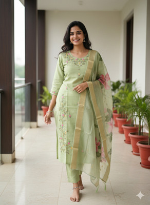 shhop Embroidered Kurta, Churidar & Dupatta Set