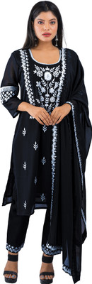 DRESSED UP DIVAS Embroidered Kurta, Palazzo & Dupatta Set