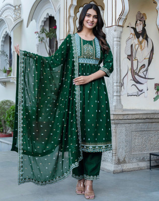 Tasrika Printed, Embellished Anarkali Kurta, Bottom & Dupatta Set