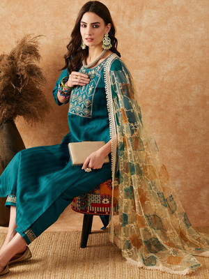 Sangria Embroidered Kurta, Trouser/Pant & Dupatta Set