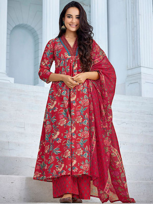 ANSAYA Floral Print Anarkali Kurta, Bottom & Dupatta Set