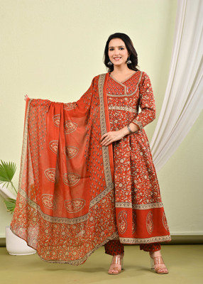 MANJALI DESIGN Floral Print Anarkali Kurta, Bottom & Dupatta Set