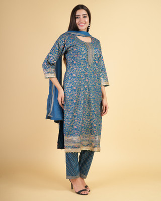 QUEENSFAB Floral Print Kurta, Trouser/Pant & Dupatta Set