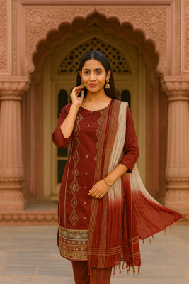 Orange Paper Self Design Kurta, Trouser/Pant & Dupatta Set