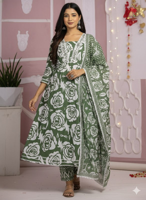 JARAAH COLLECTION Floral Print Anarkali Kurta, Bottom & Dupatta Set