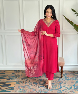 FancyFits Embroidered, Solid, Floral Print Kurta, Salwar & Dupatta Set