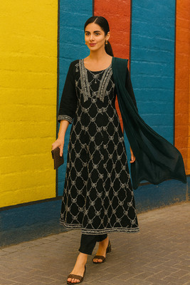 Orange Paper Embroidered Kurta, Churidar & Dupatta Set