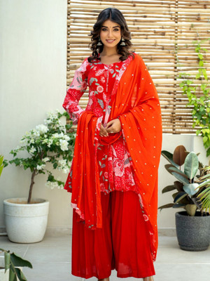 KAFTANIZE Floral Print Kurta, Palazzo & Dupatta Set