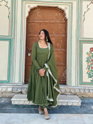 Anytime Solid Anarkali Kurta, Bottom & Dupatta Set