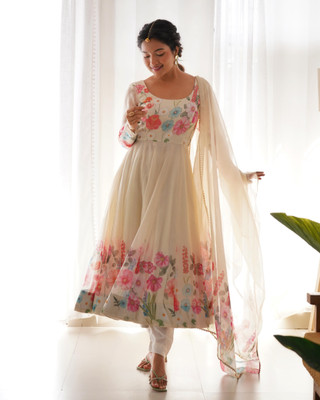 SAJAVAT ETHENIC WEAR Floral Print Anarkali Kurta, Bottom & Dupatta Set