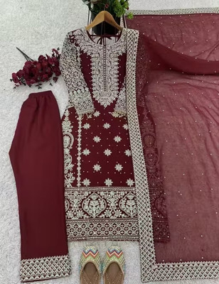 Aksharam Embroidered Kurta, Palazzo & Dupatta Set