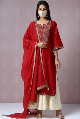 BIBA Solid Kurta, Sharara & Dupatta Set